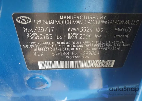 2018 Hyundai Elantra Sel from USA, damaged, VIN 5NPD84LF2JH299884